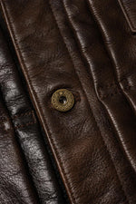 Rustic mahogany buffalo leather trucker jacket with western stitching. - Image n°6