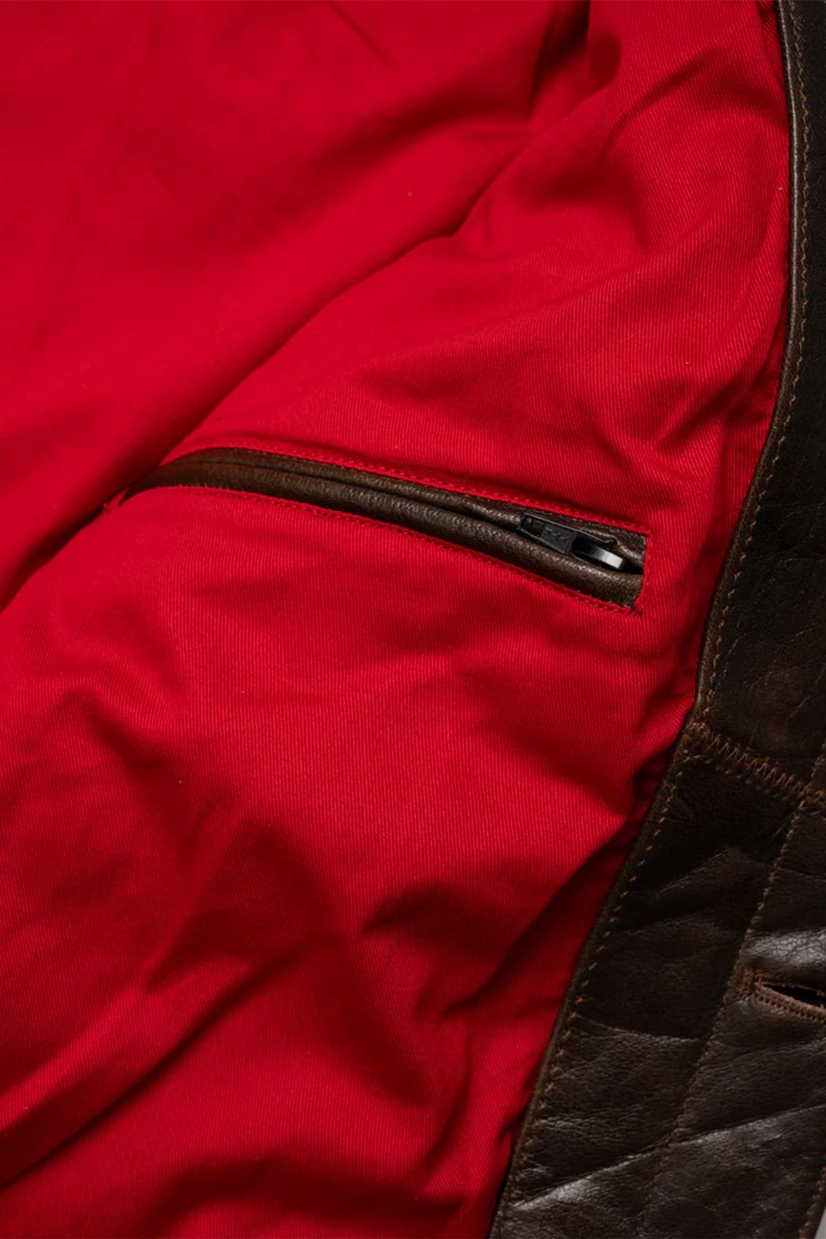 Rustic mahogany buffalo leather trucker jacket with western stitching. - Image n°7