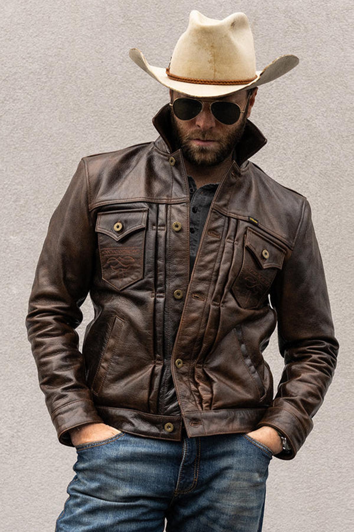 Rustic mahogany buffalo leather trucker jacket with western stitching. - Image n°9