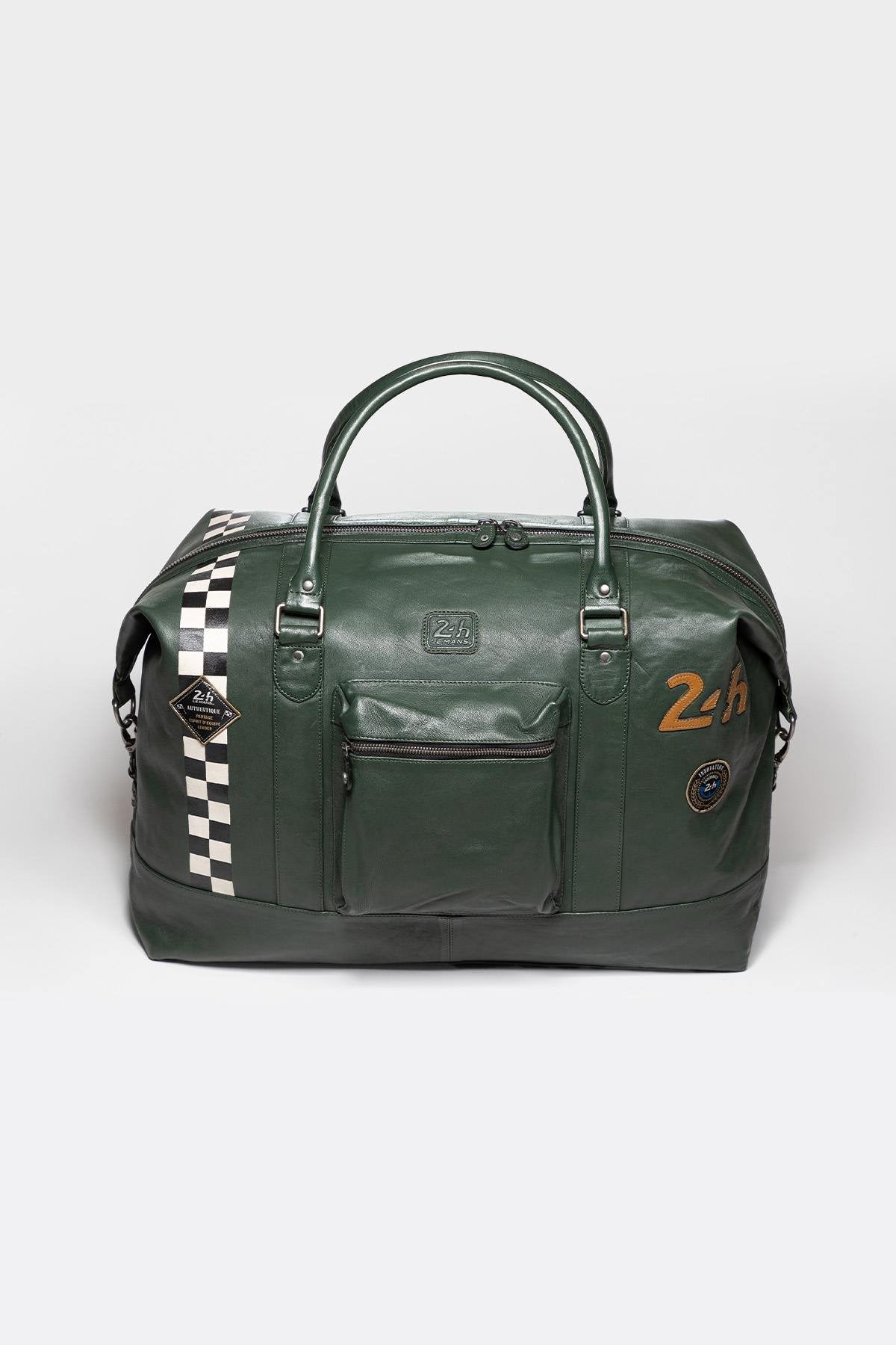 Large green leather travel bag with Racing stripe - Image n°1