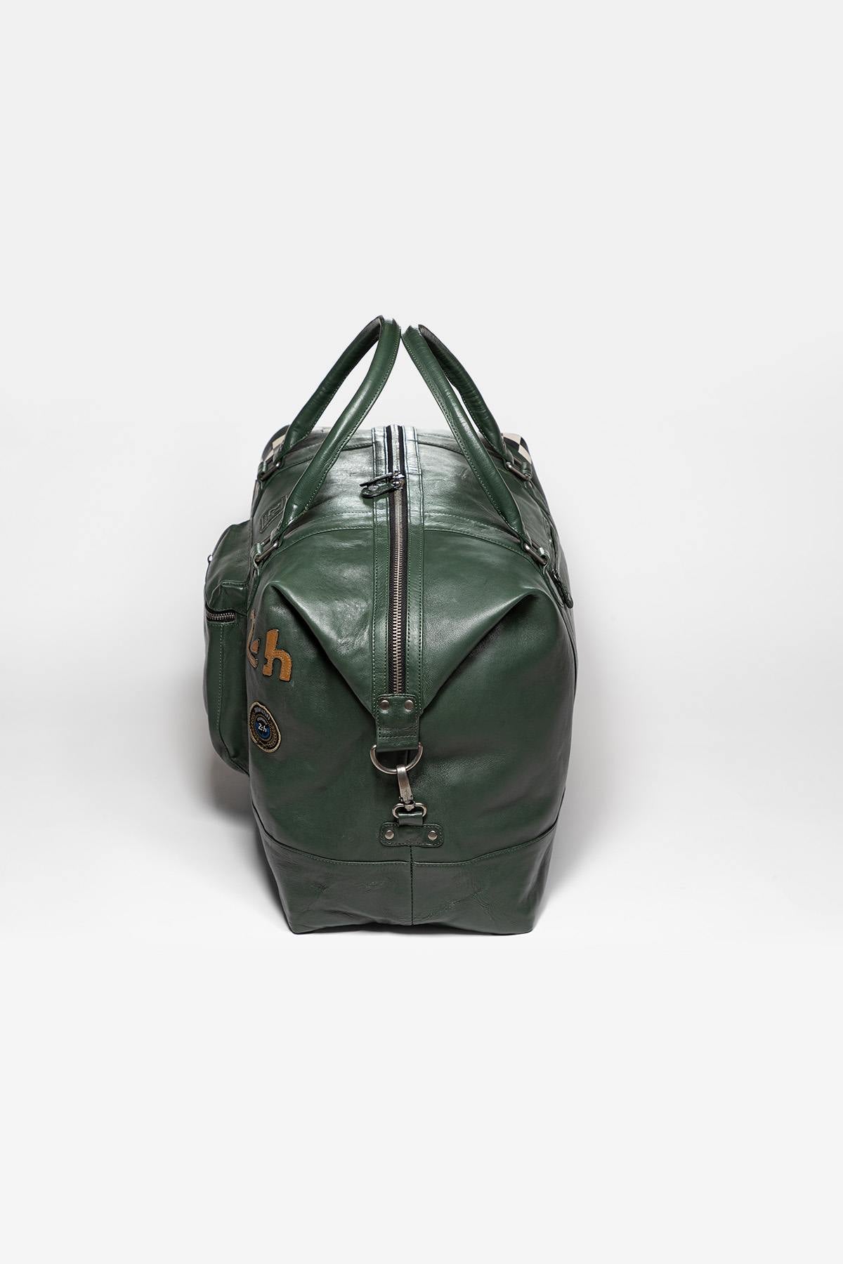 Large green leather travel bag with Racing stripe - Image n°5