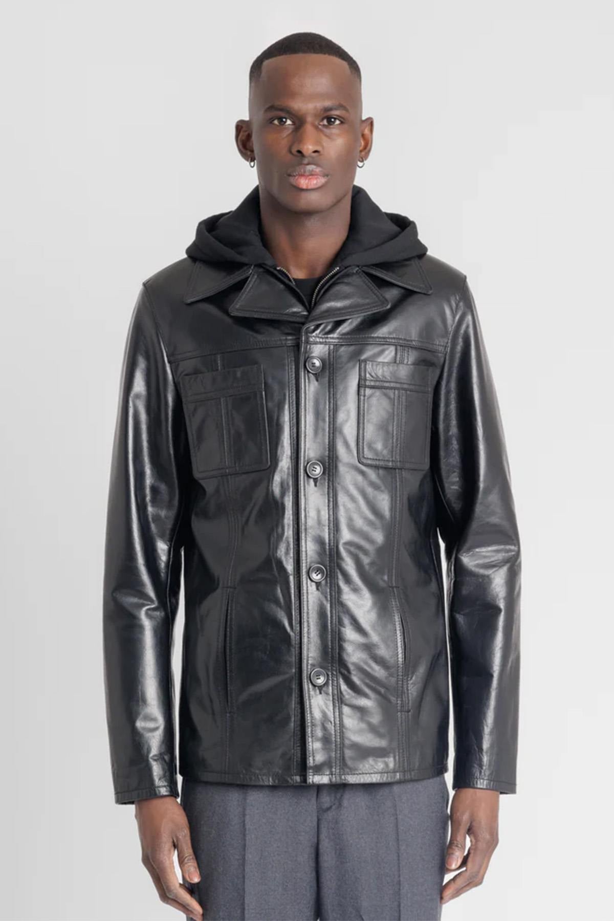 Retro black buffalo leather jacket with detachable hood and cut. - Image n°8