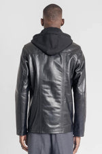 Retro black buffalo leather jacket with detachable hood and cut. - Image n°10