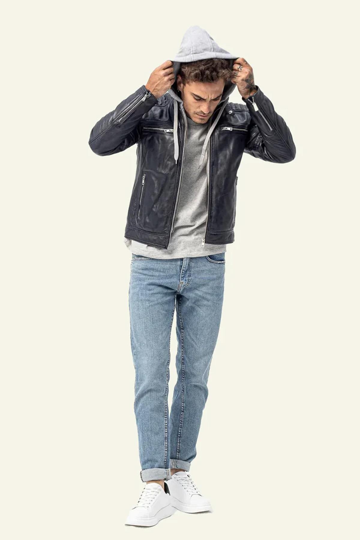 Navy blue biker collar leather jacket with removable grey hood - Image n°3