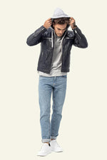 Navy blue biker collar leather jacket with removable grey hood - Image n°3