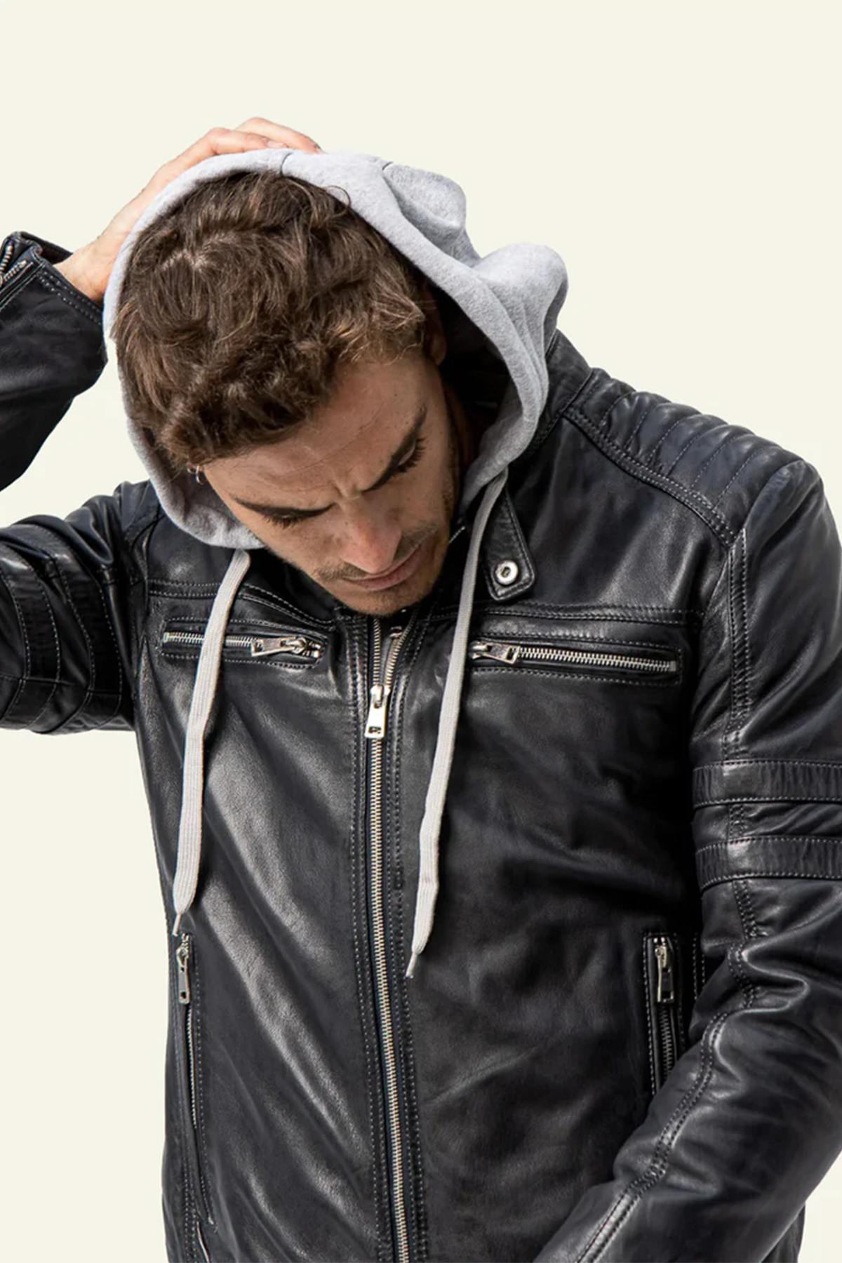 Navy shearling leather jacket with integrated hood and urban styling. - Image n°4