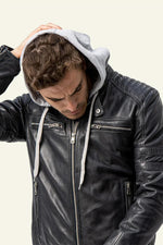 Navy shearling leather jacket with integrated hood and urban styling. - Image n°4