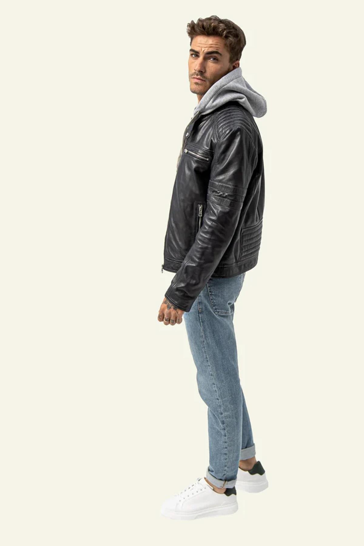 Navy shearling leather jacket with integrated hood and urban styling. - Image n°5