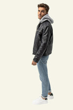 Navy shearling leather jacket with integrated hood and urban styling. - Image n°5