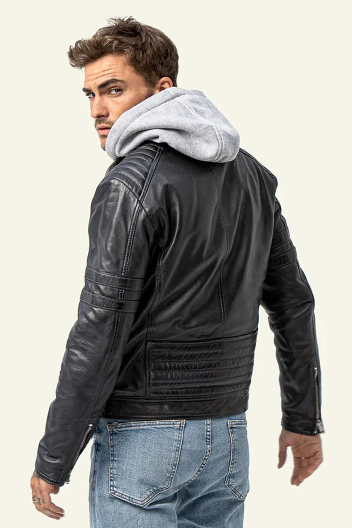 Navy blue biker collar leather jacket with removable grey hood - Image n°2