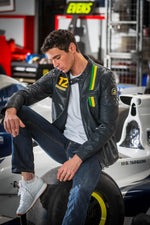 Navy sheepskin jacket with Senna's Lotus F1 patches and JPS lining. - Image n°1