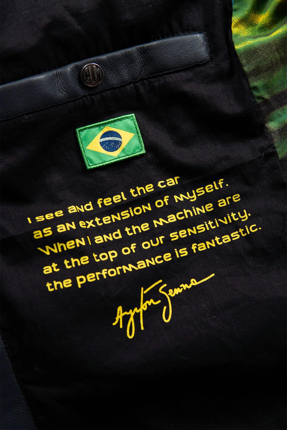 Navy sheepskin jacket with Senna's Lotus F1 patches and JPS lining. - Image n°10