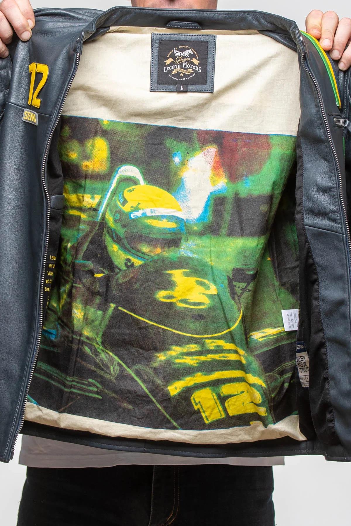 Navy sheepskin jacket with Senna's Lotus F1 patches and JPS lining. - Image n°2