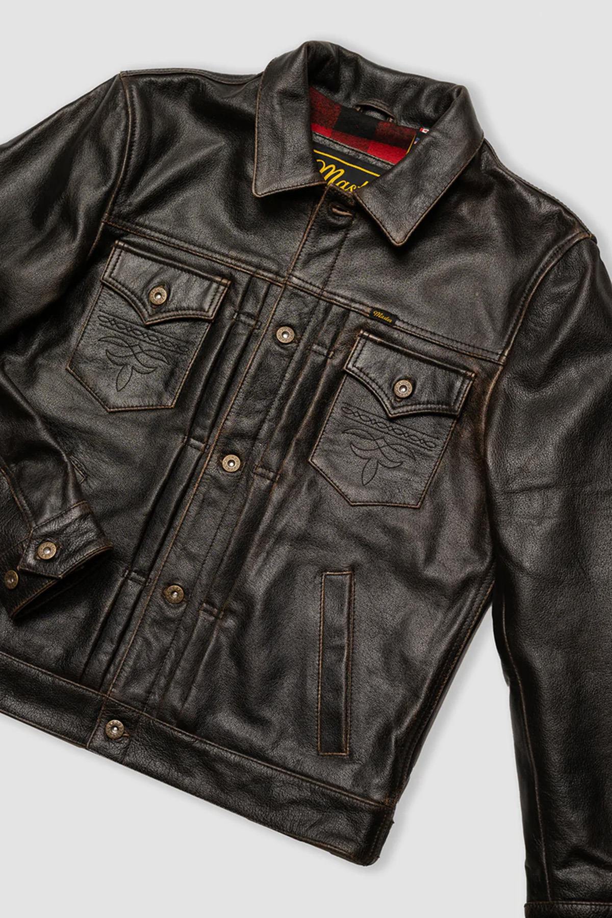 Western style shirt collar leather jacket with accelerated patina - Image n°3