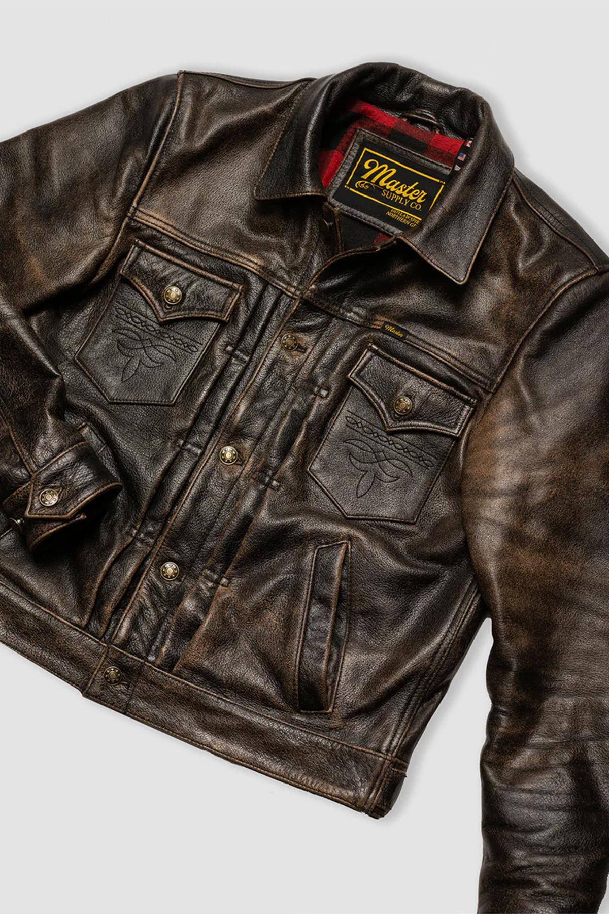Western style shirt collar leather jacket with accelerated patina - Image n°4