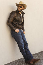 Western style shirt collar leather jacket with accelerated patina - Image n°6
