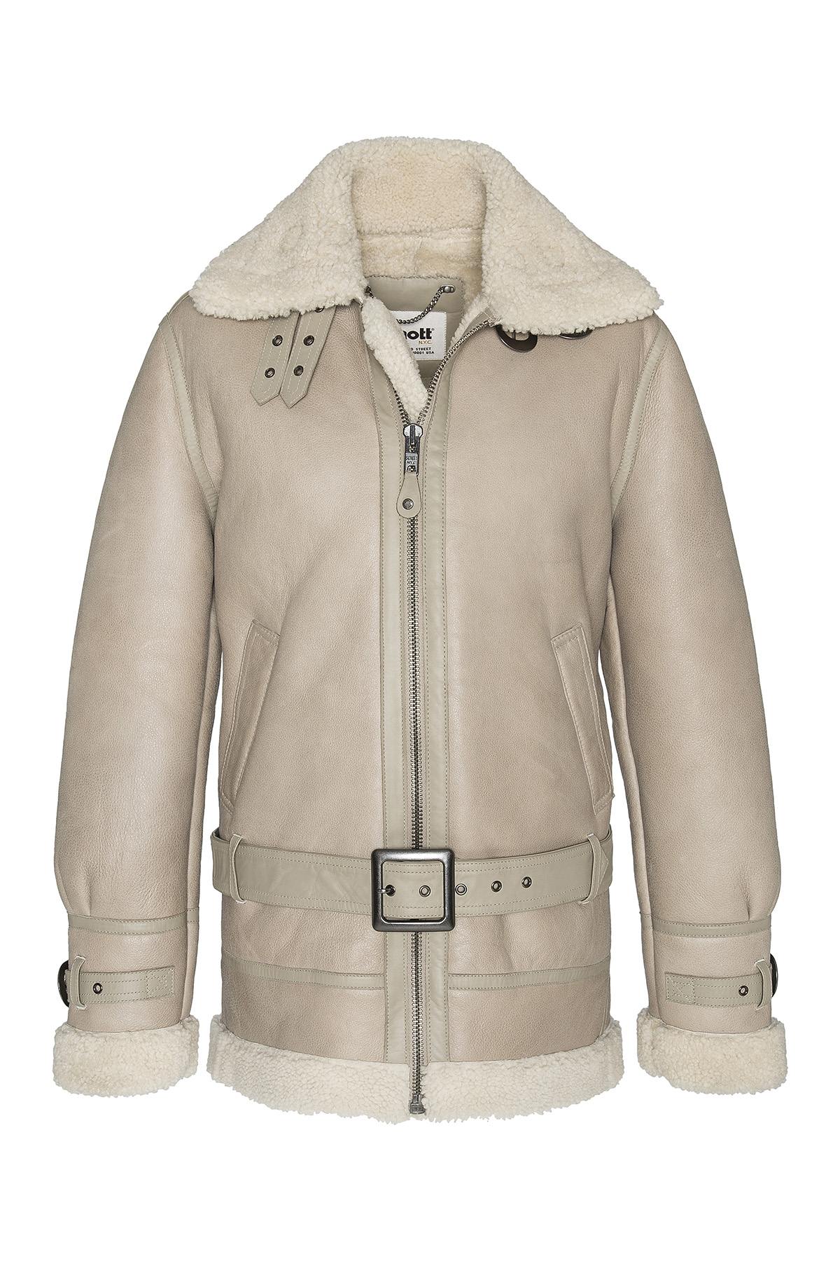 Light beige shearling B-3 bomber by Schott, warm and timeless. - Image n°1