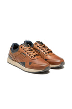 Men's cognac and navy leather sneakers - Image n°1