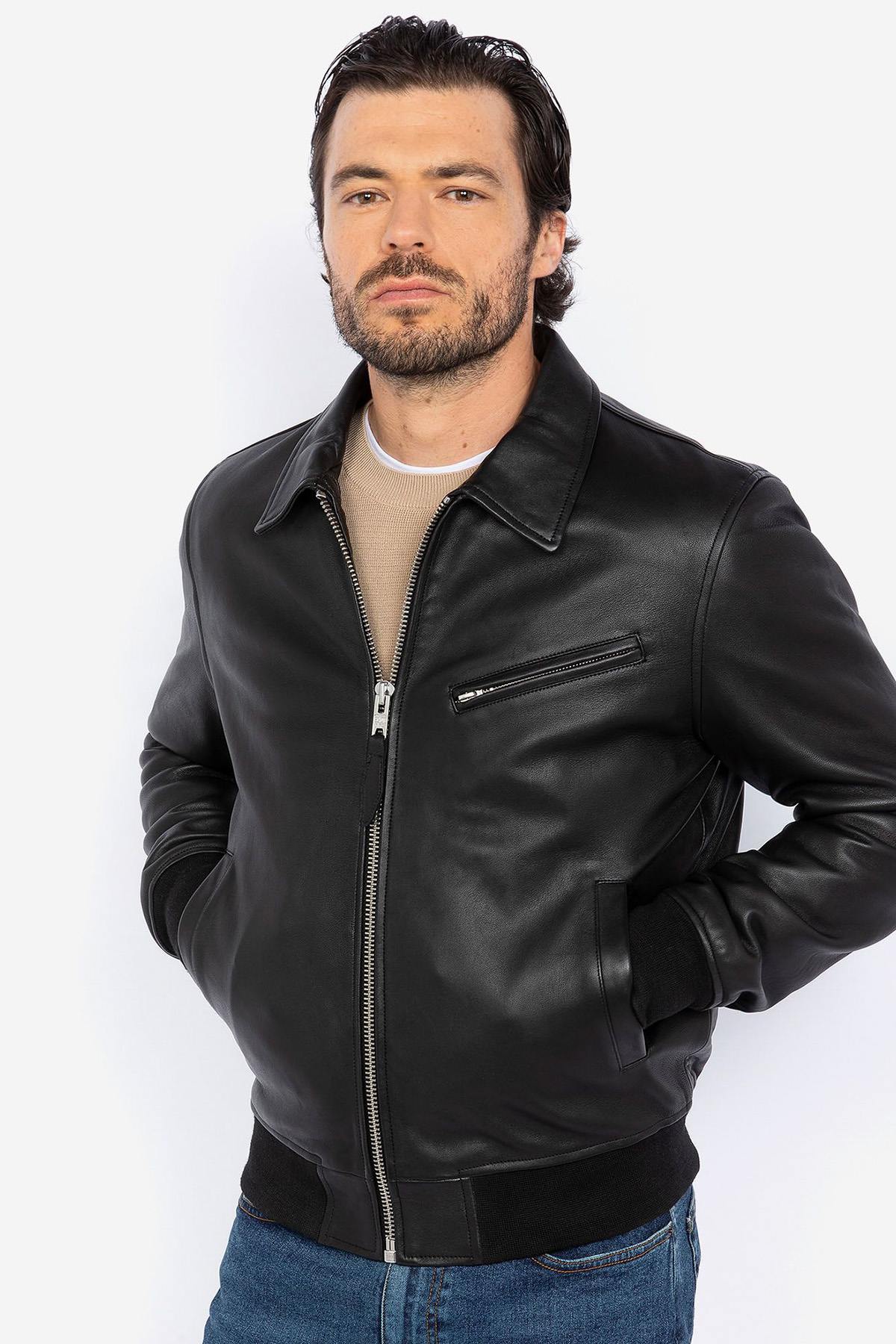 Black leather jacket with shirt collar and ribbed edges - Image n°3