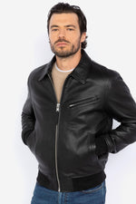 Black leather jacket with shirt collar and ribbed edges - Image n°3
