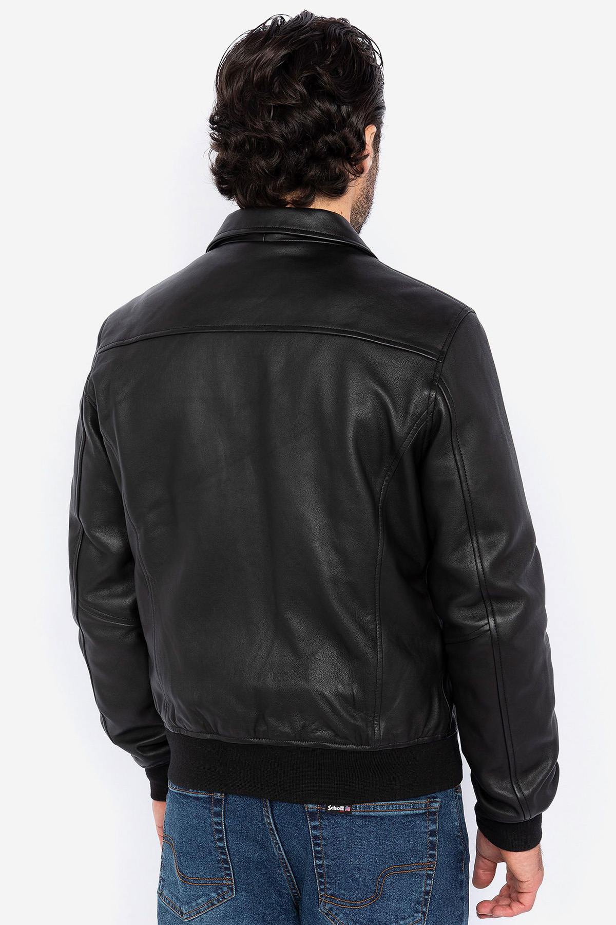 Black leather jacket with shirt collar and ribbed edges - Image n°2