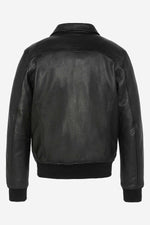 Black leather jacket with shirt collar and ribbed edges - Image n°6