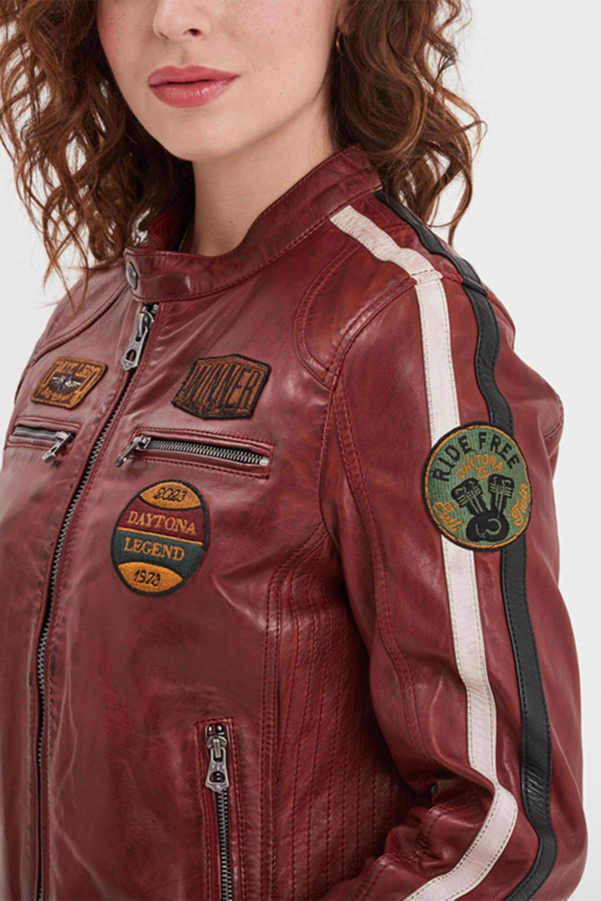 Syrah-red sheep leather jacket with moto collar and relaxed fit. - Image n°4