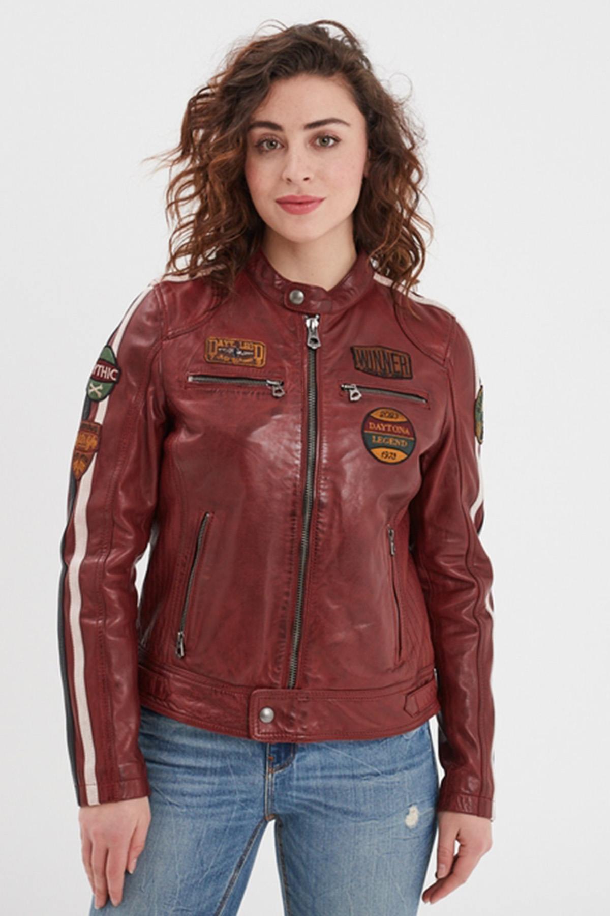 Syrah-red sheep leather jacket with moto collar and relaxed fit. - Image n°1