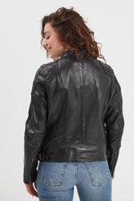 Soft black sheep leather jacket with a relaxed fit and moto collar. - Image n°3