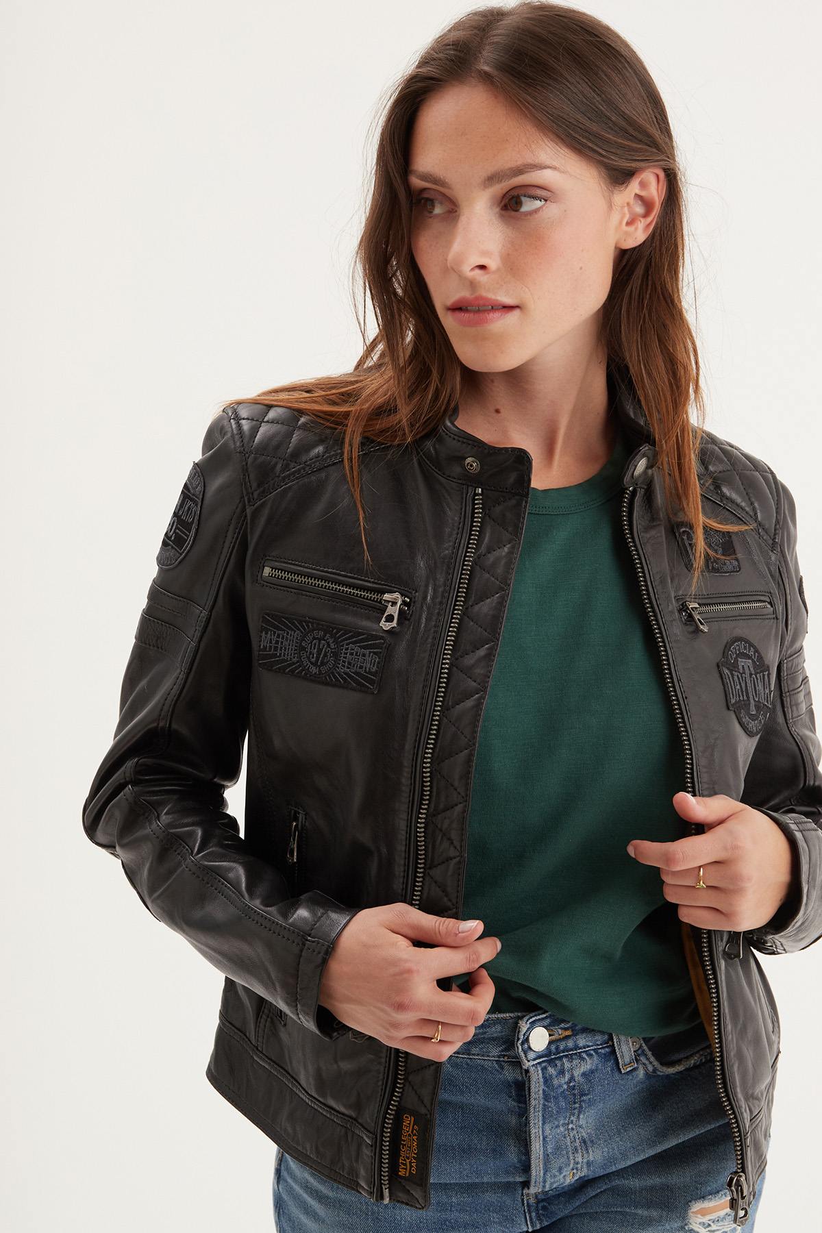 Vintage biker jacket in soft vegetable-tanned sheep leather, black. - Image n°1