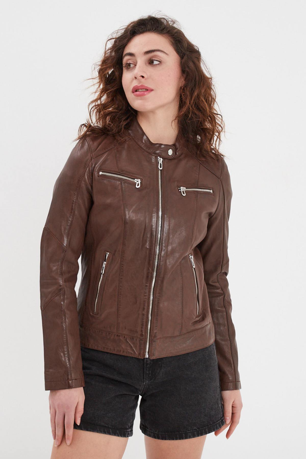 Bison-colored biker-collar leather jacket - Image n°6