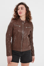 Bison-colored biker-collar leather jacket - Image n°6