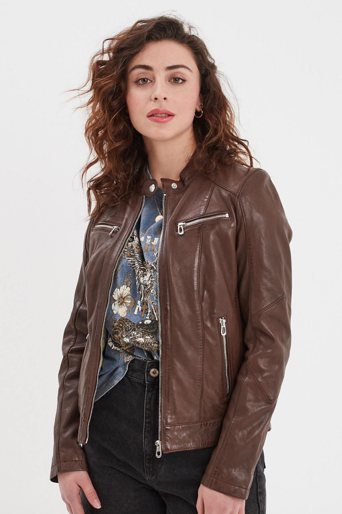 Bison-colored biker-collar leather jacket - Image n°1