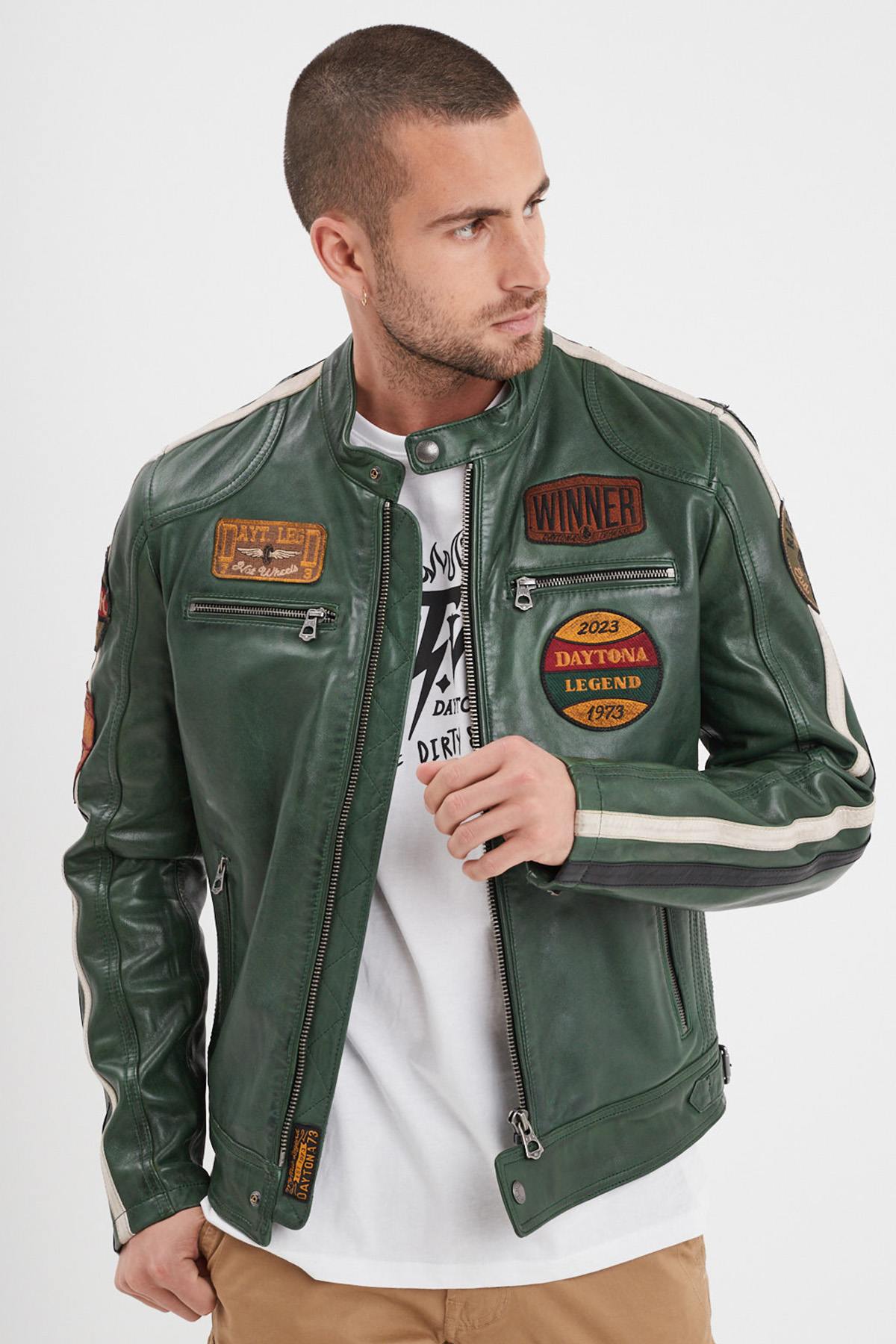 Vintage olive green sheep leather jacket. Soft, plant-tanned, moto-inspired. - Image n°11