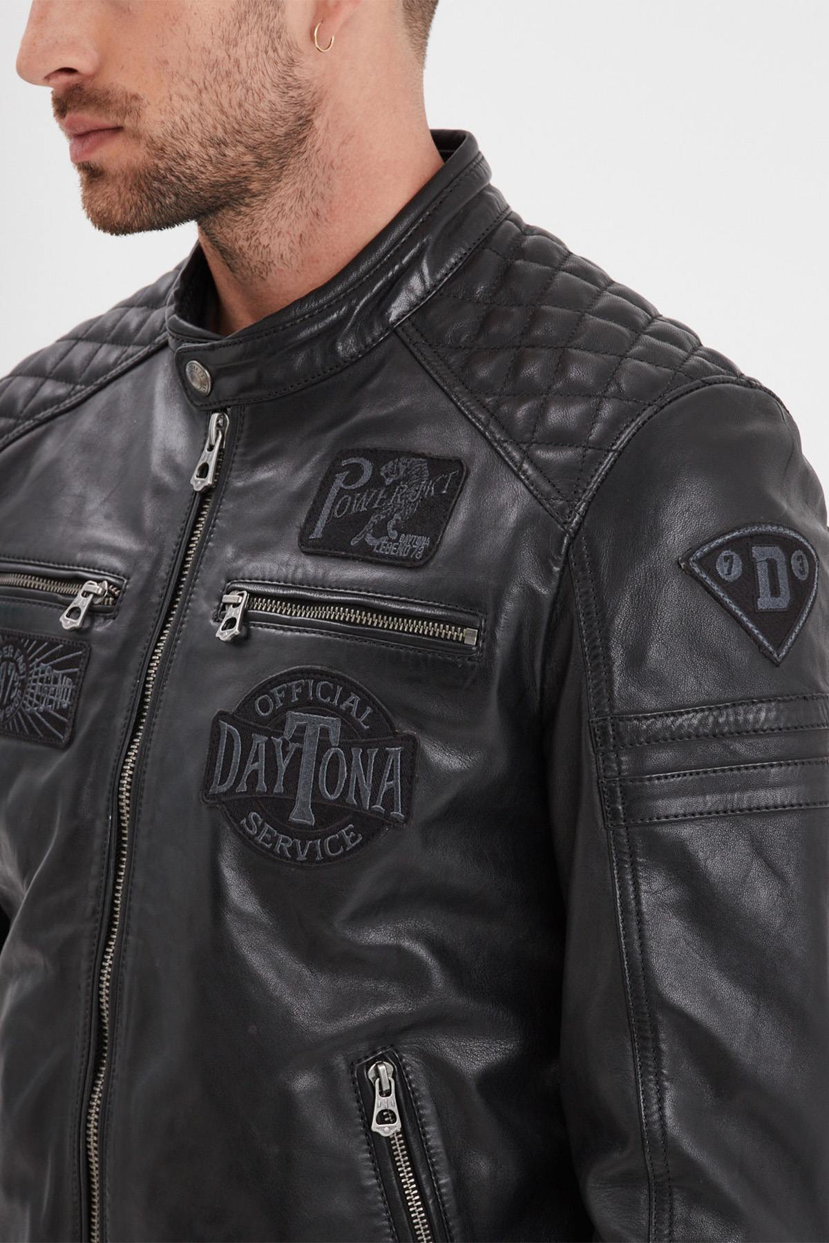 Race-inspired black sheep leather jacket with . - Image n°3