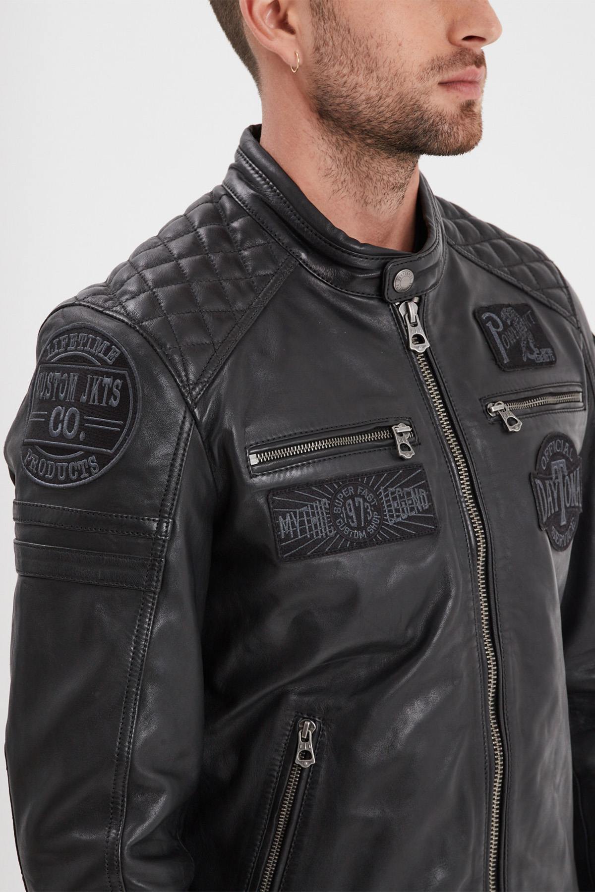 Black racing leather jacket with patches - Image n°6