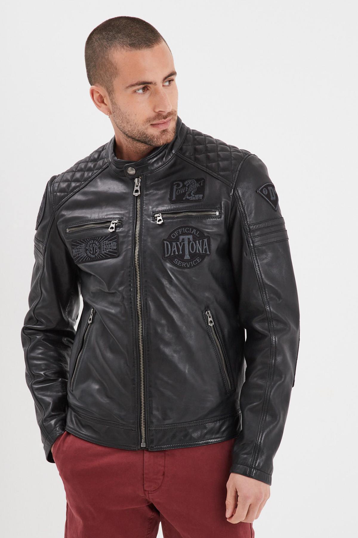 Race-inspired black sheep leather jacket with . - Image n°1