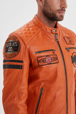 Orange racing leather jacket with vintage patches - Image n°10