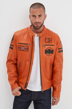 Orange racing leather jacket with vintage patches - Image n°2