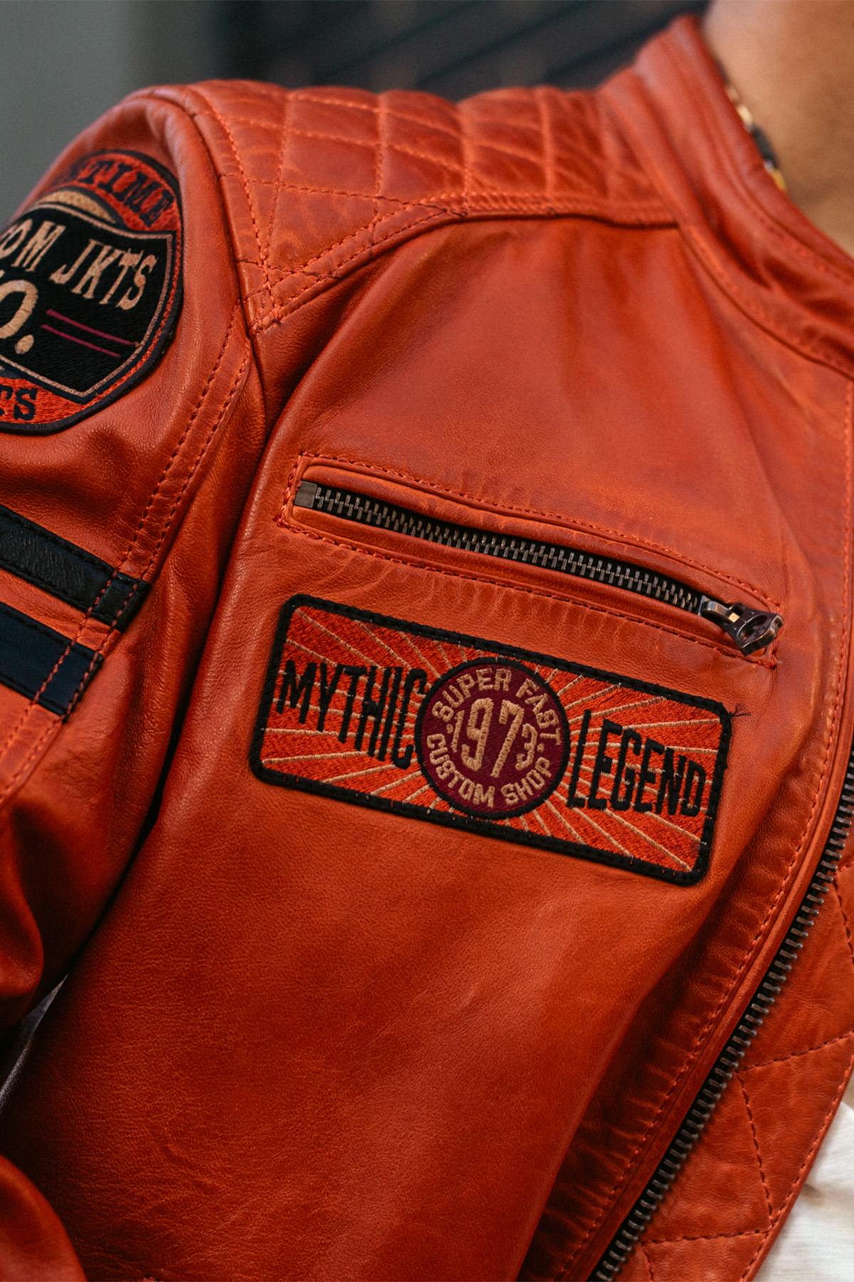 Orange racing leather jacket with vintage patches - Image n°6