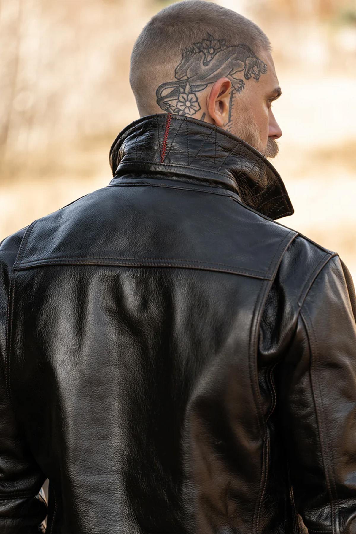 Black leather worker jacket with shirt collar - Image n°4