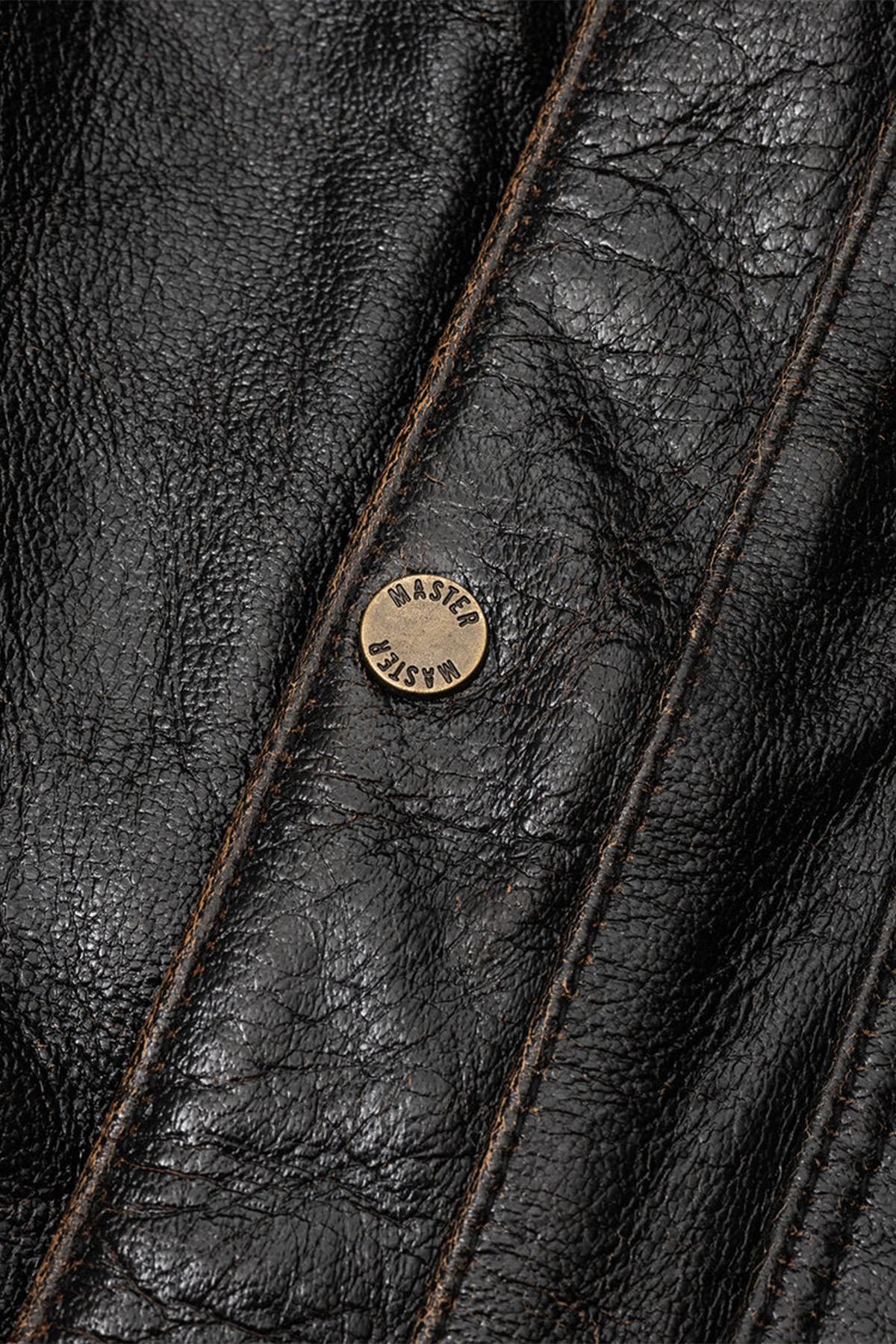 Black leather worker jacket with shirt collar - Image n°18