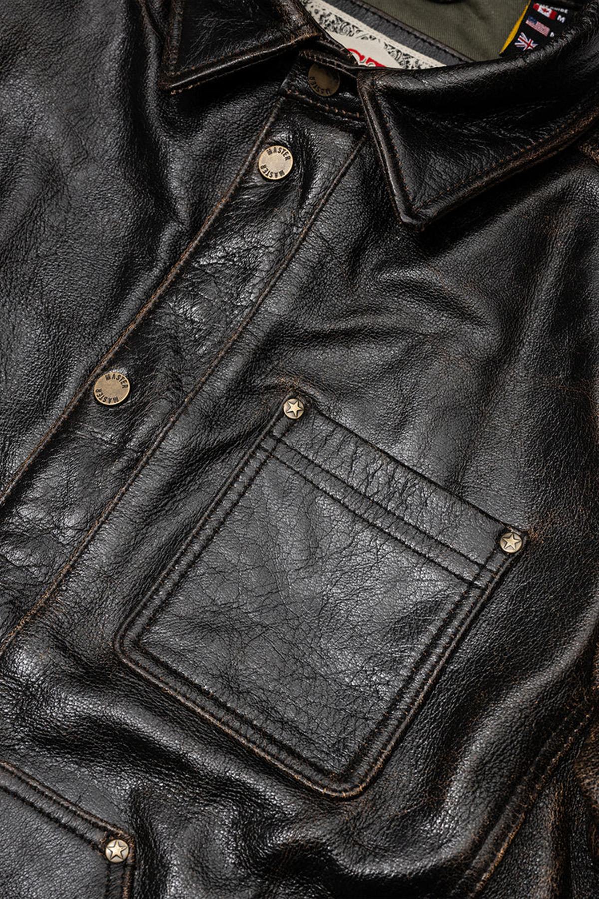 Black leather worker jacket with shirt collar - Image n°8