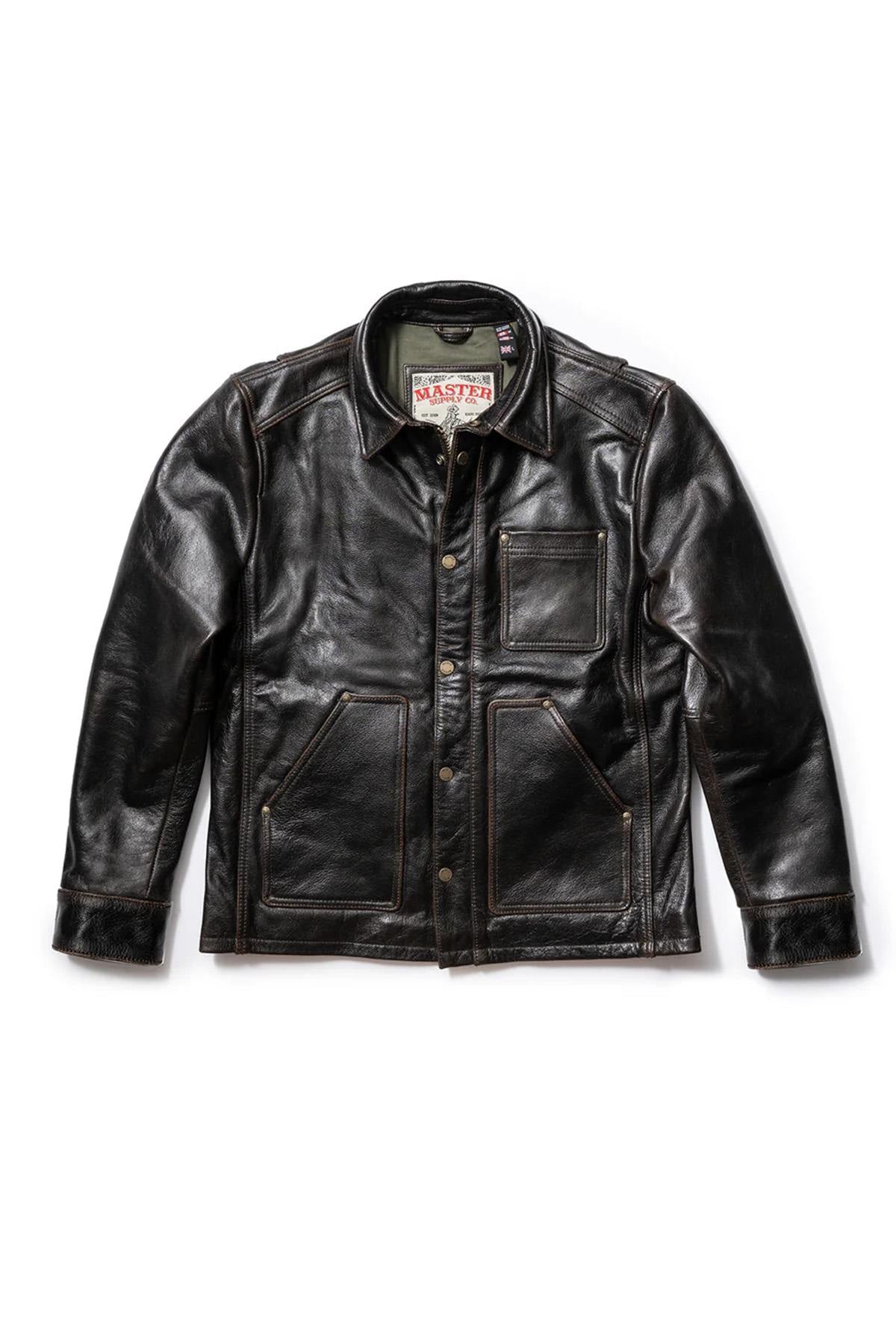 Black leather worker jacket with shirt collar - Image n°16