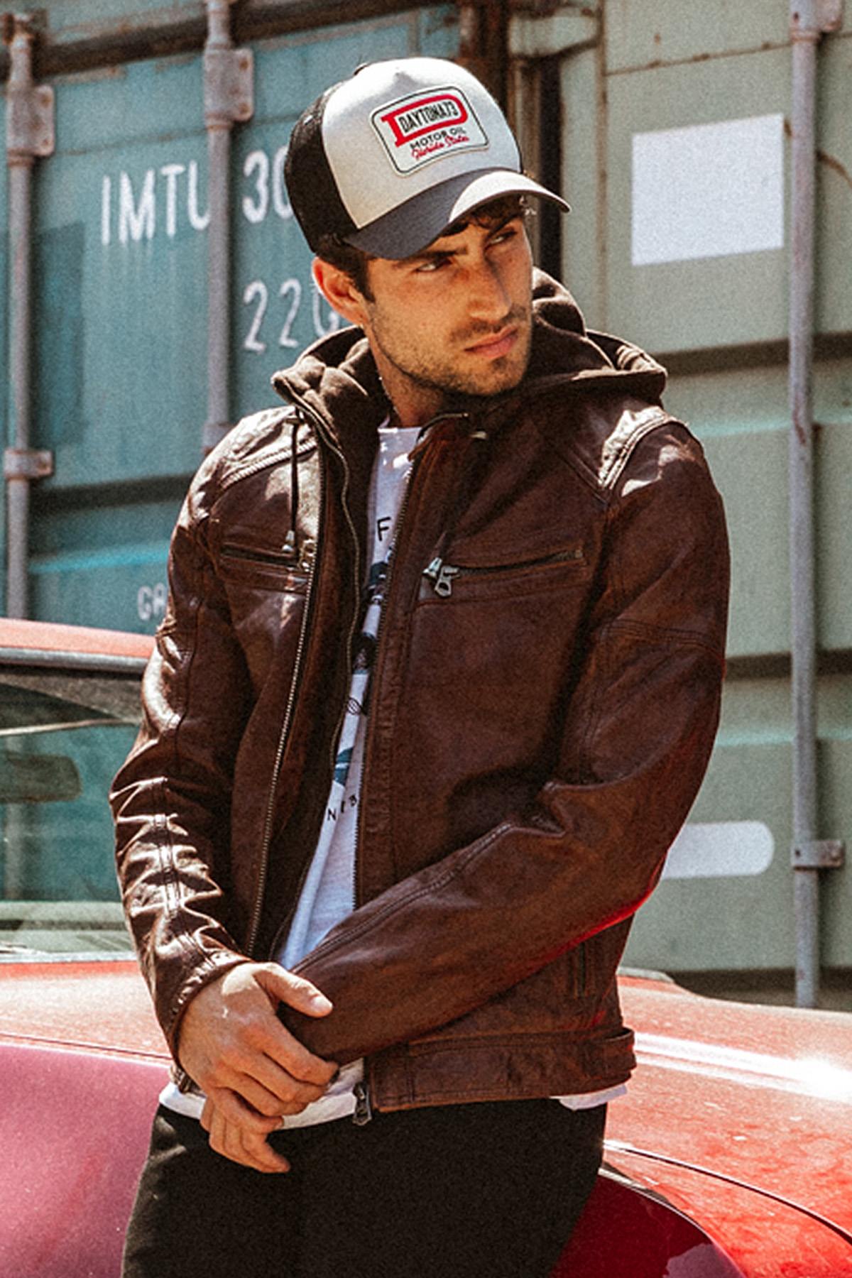 Slim dark cognac lambskin jacket with biker collar and removable hood. - Image n°1