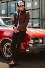Slim dark cognac lambskin jacket with biker collar and removable hood. - Image n°6