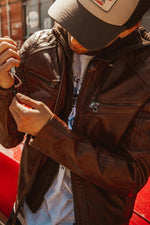 Slim dark cognac lambskin jacket with biker collar and removable hood. - Image n°2
