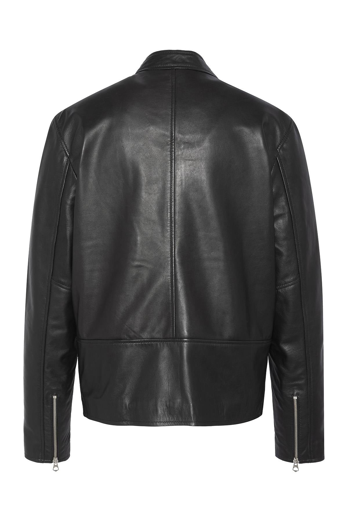 Black sleek biker collar leather jacket - Image n°7