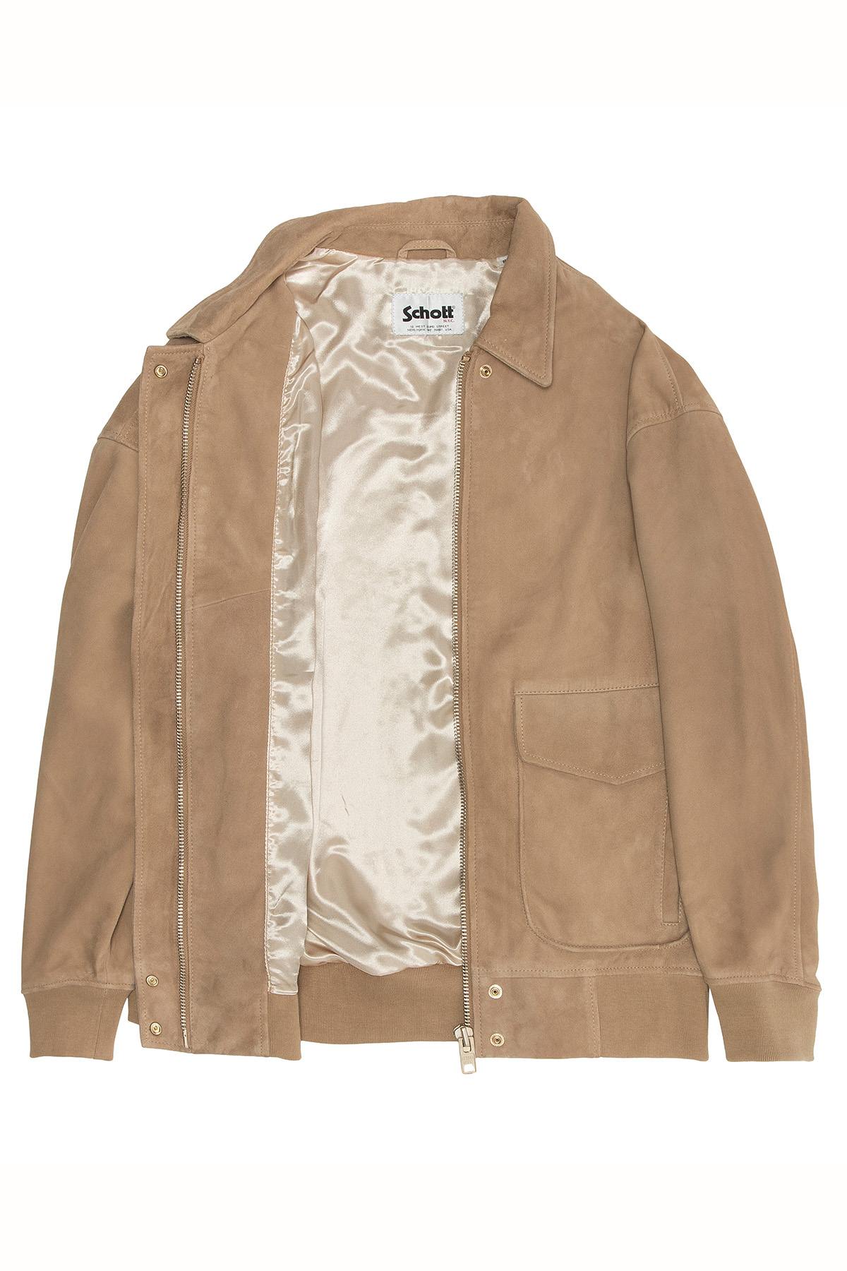 Schott NYC's beige suede jacket in goatskin, oversized aviator style. - Image n°10