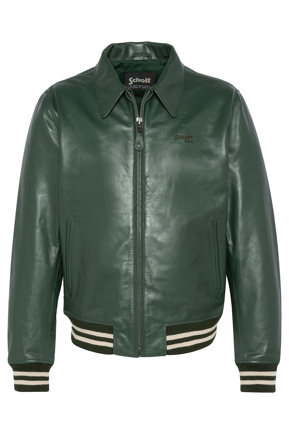 Schott's cowhide leather varsity jacket, green and off-white stripes. - Image n°6